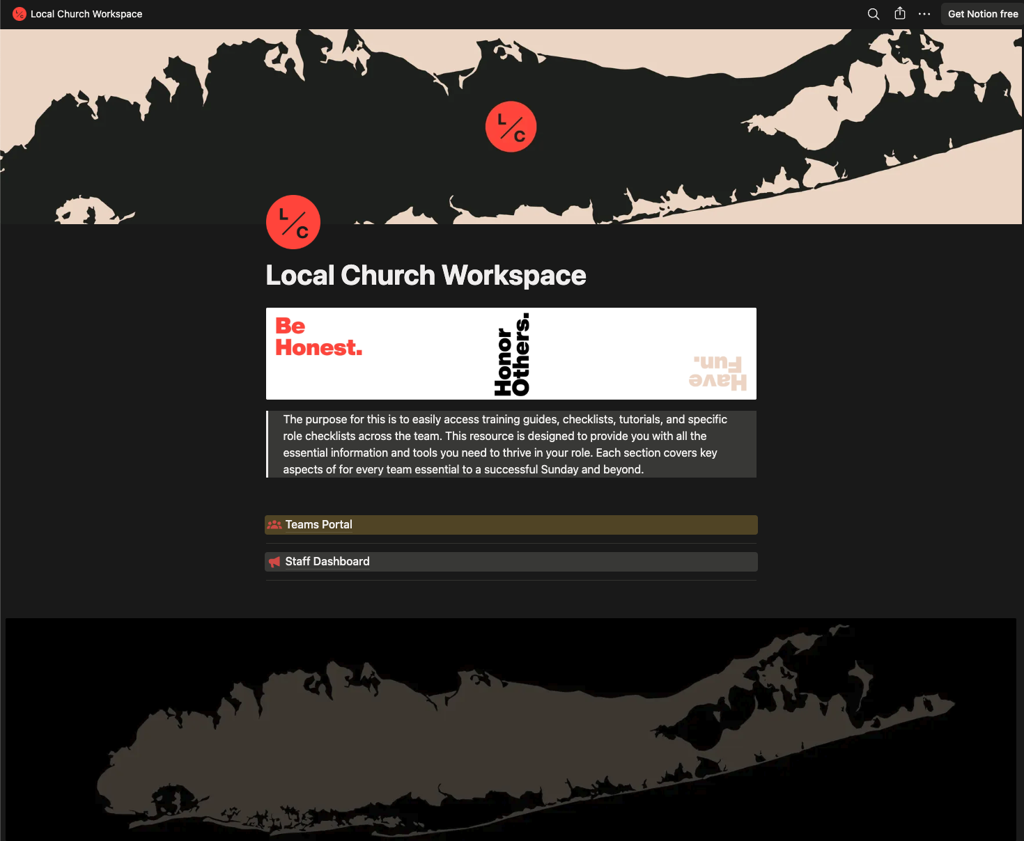 Local Church Workspace in Notion — Teams Portal and Staff Dashboard with training guides and role checklists