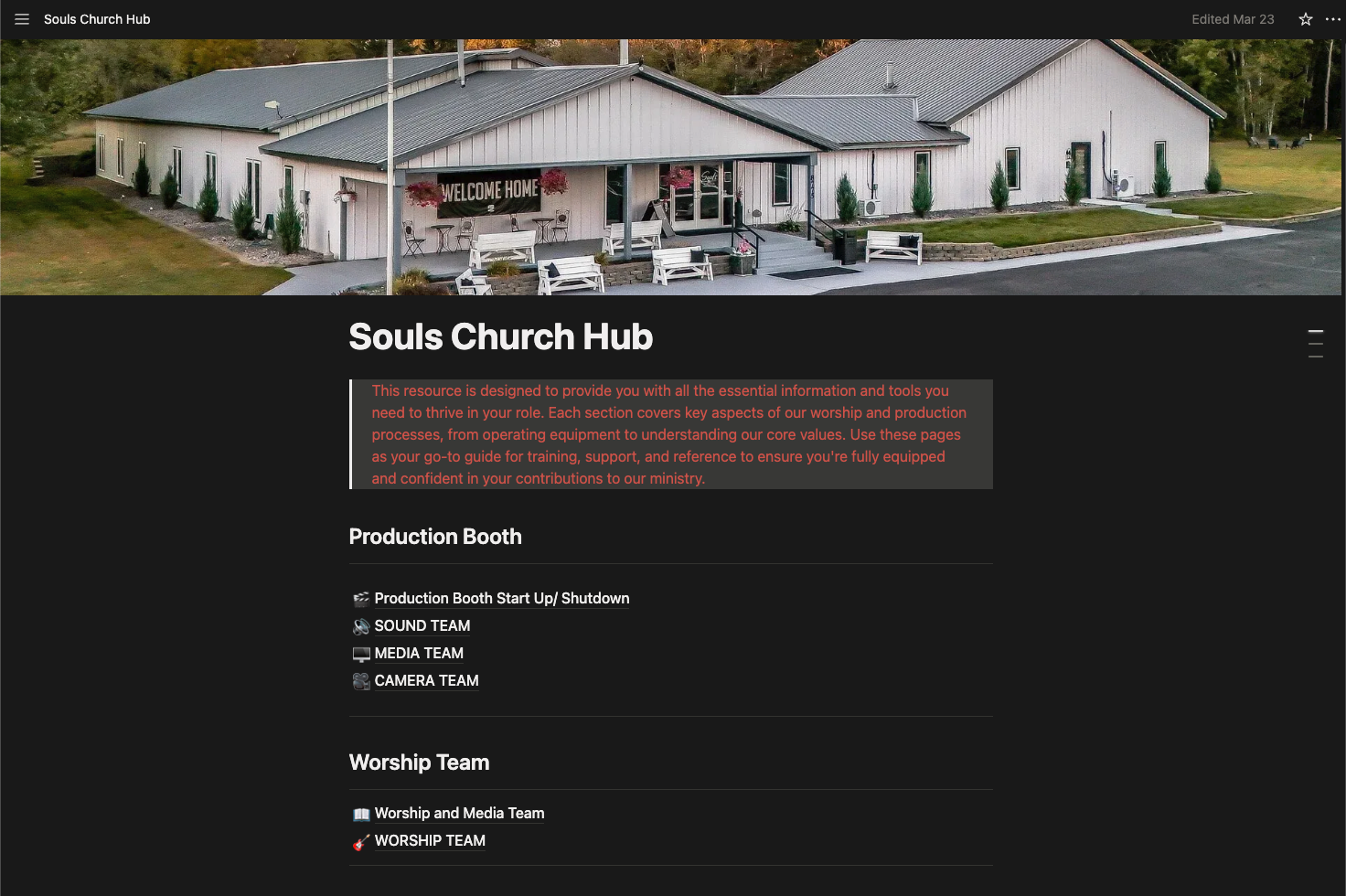 Souls Church Hub in Notion — Production Booth section with Sound, Media, Camera, and Worship team sub-pages